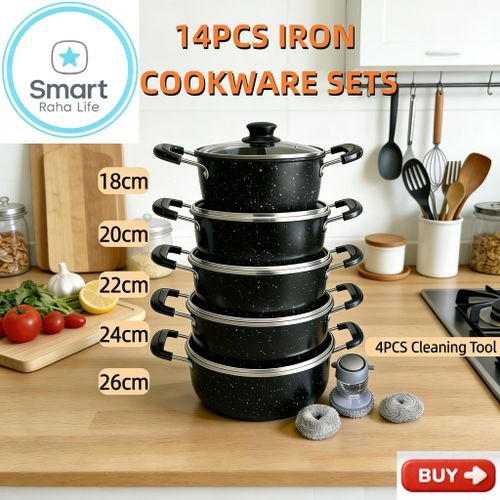 SmartRaha Life 14 pieces Non-stick Cooking Pots comes as 5 Sufurias, accessories and 5 Lids Serve Food while Hot with Smart Raha Cookware Set Can act as Serving Bowls Pot Black